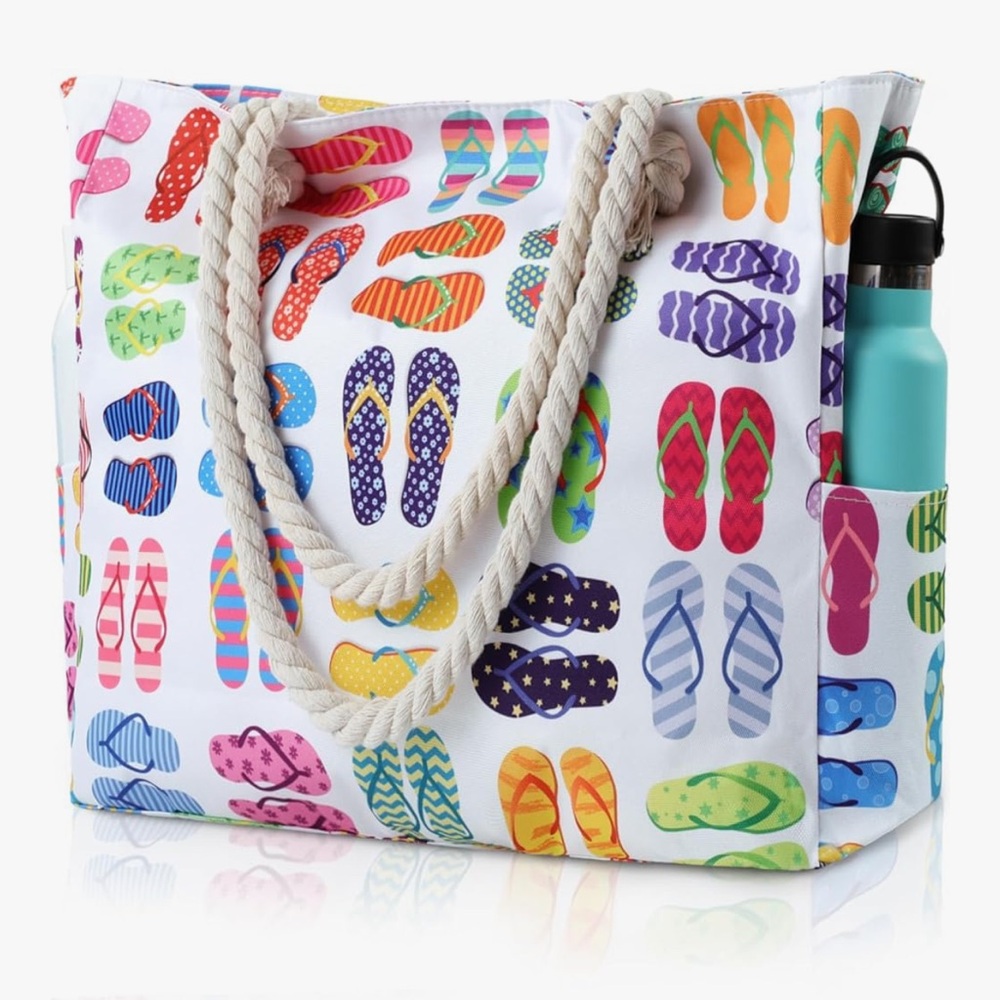 Canvas Beach Tote Bag with Colorful Flip-Flop Print - White.. waterproof